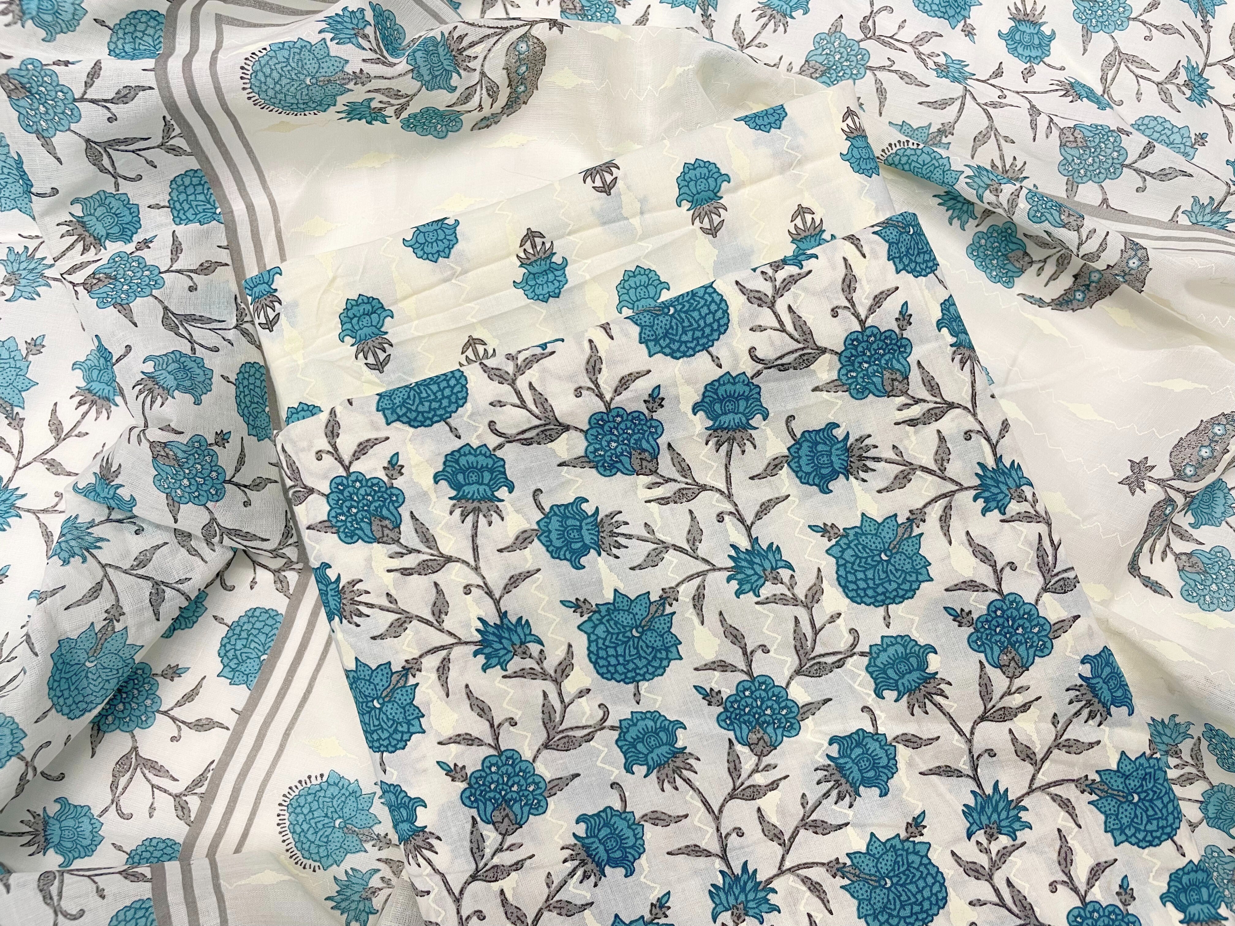 White & Blue Floral Pure Cotton Suit Set With Dupatta (Unstitched)