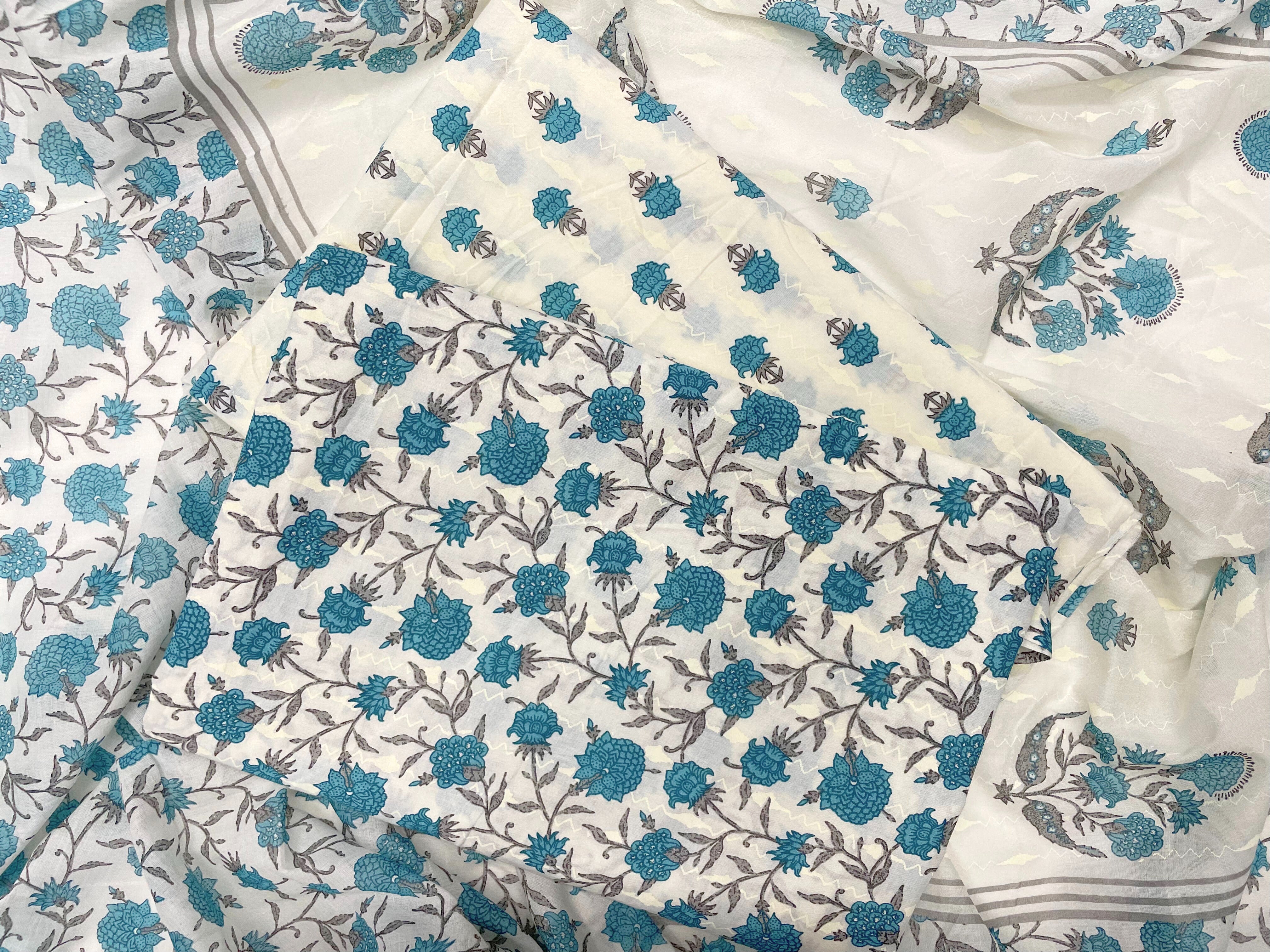 White & Blue Floral Pure Cotton Suit Set With Dupatta (Unstitched)