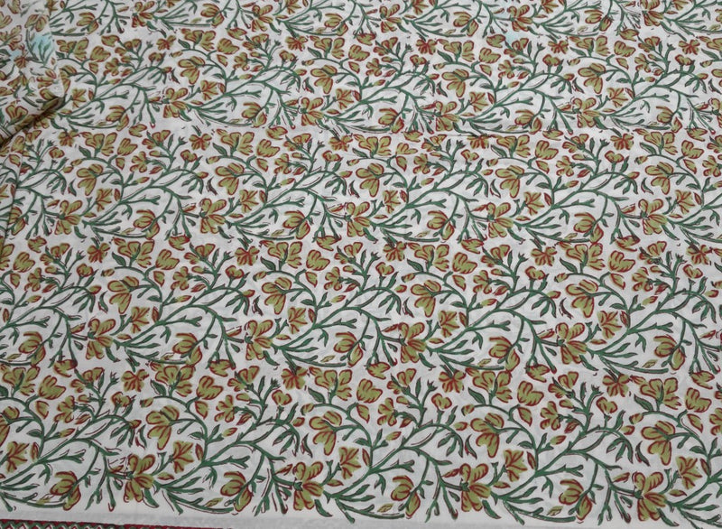 White & Green Floral Cotton Cambric Kalamkari Fabric