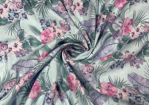 Sky Blue & Pink Floral Printed Cotton Linen Fabric
