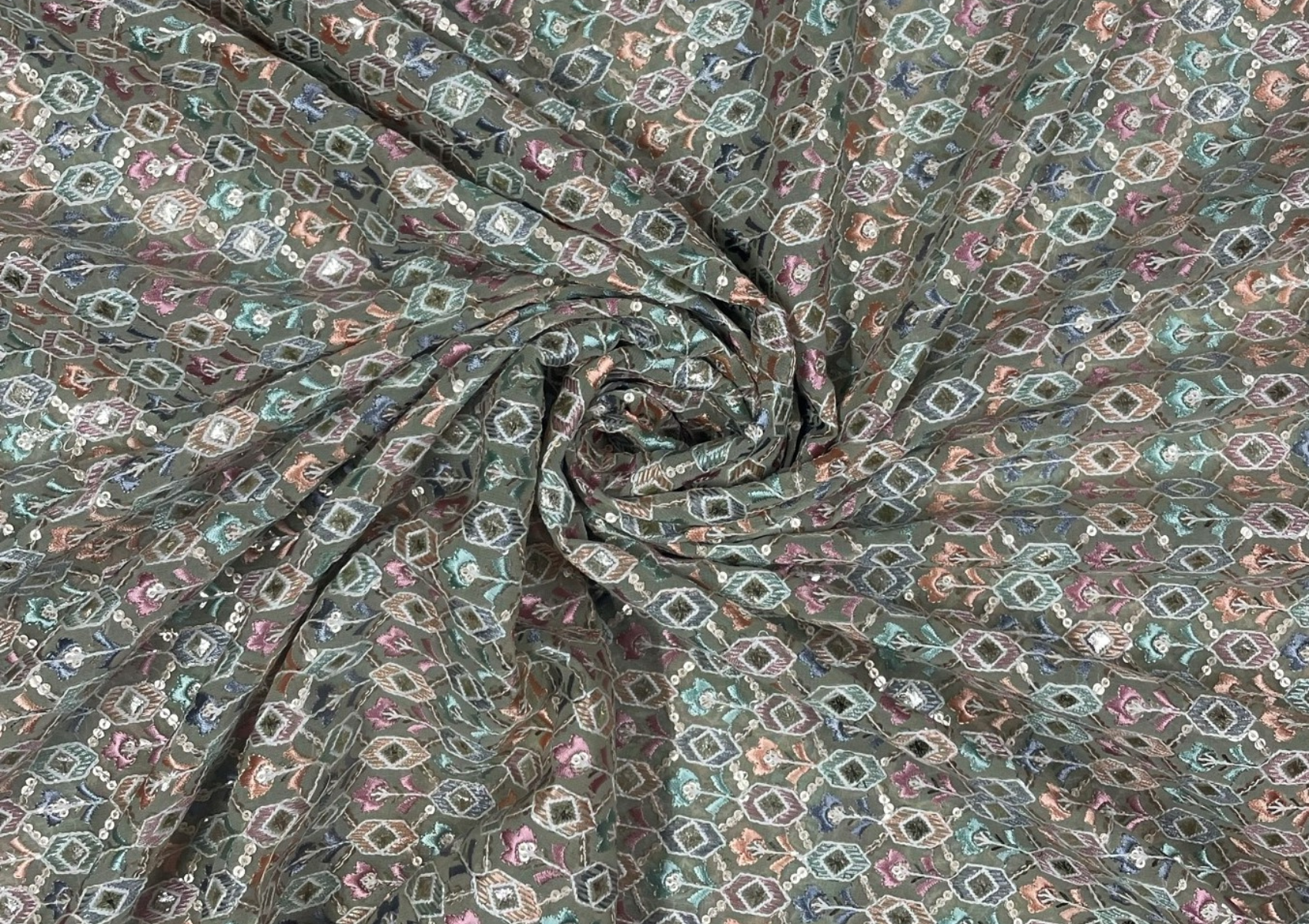 Precut 2.5 Metres Olive Green Geometric Embroidered Dyed Georgette Fabric