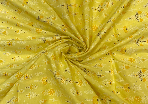 Yellow Floral Printed Cotton Cambric Fabric