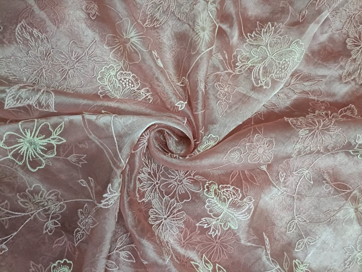 Baby Pink Floral Pure Tissue Embroidered Fabric Kapdashop