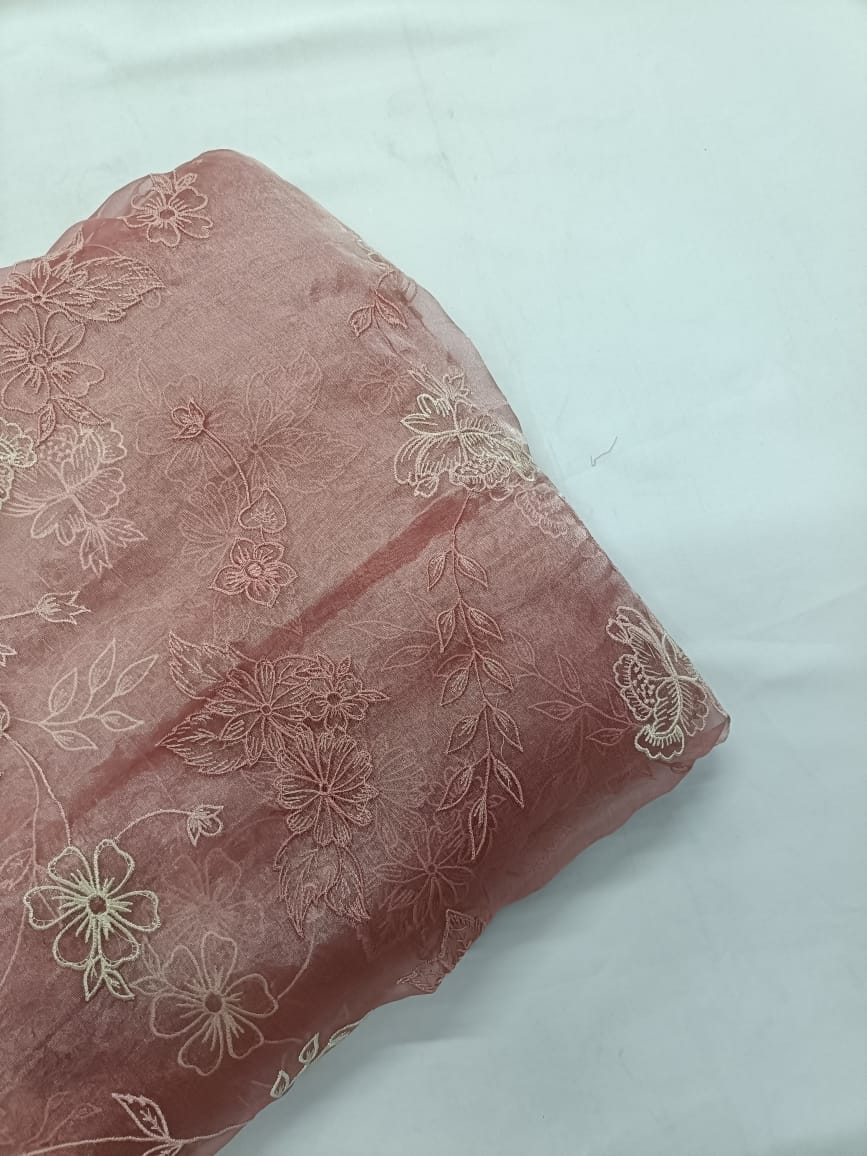 Baby Pink Floral Pure Tissue Embroidered Fabric Kapdashop