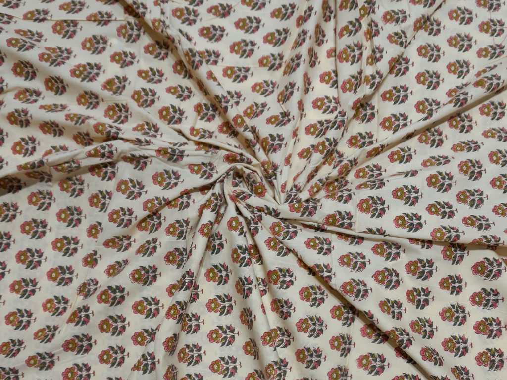 White Mustard Floral Cotton Cambric Kalamkari Fabric