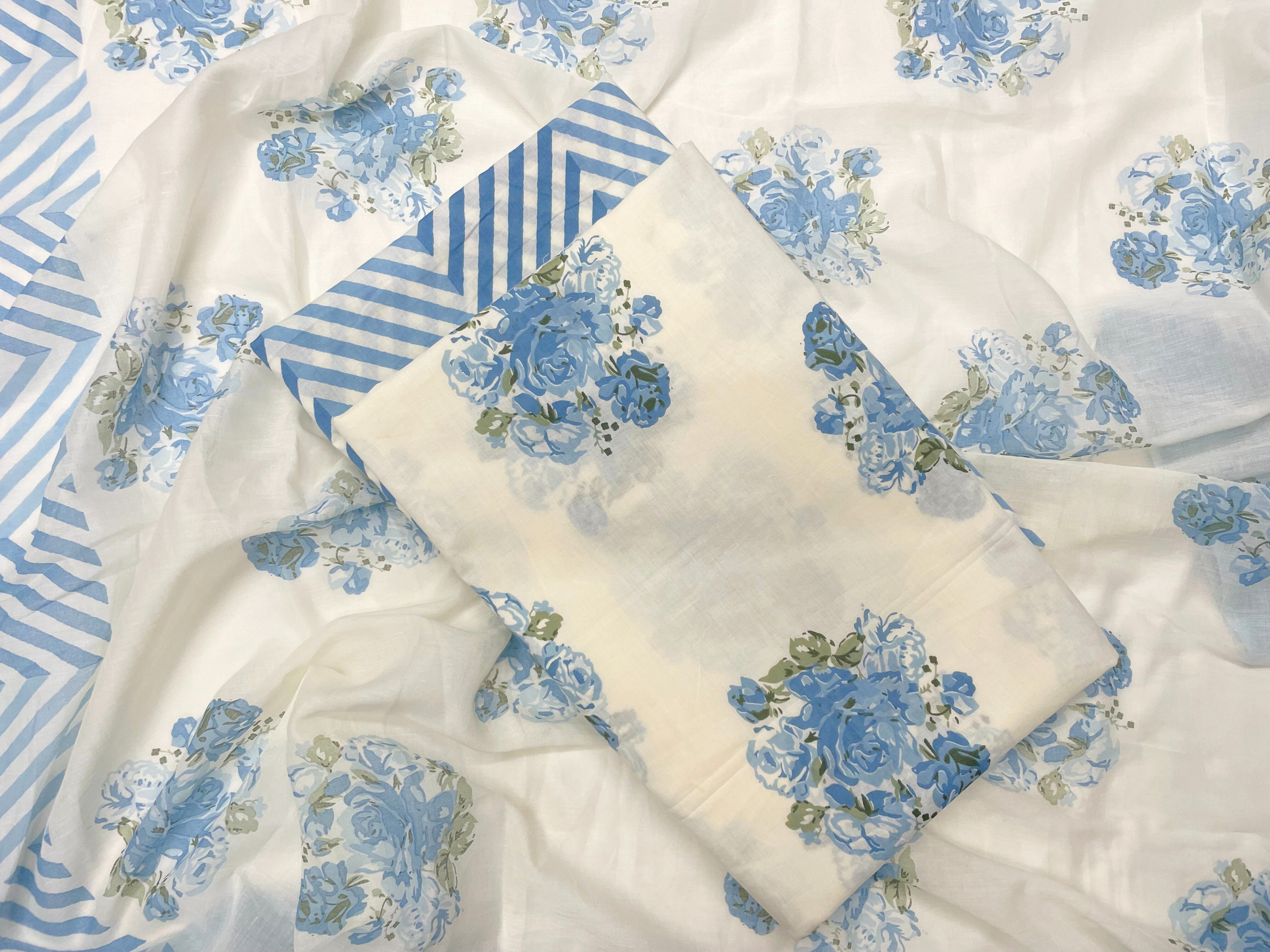 Off-White & Blue Floral Pure Cotton Suit Set With Dupatta (Unstitched)