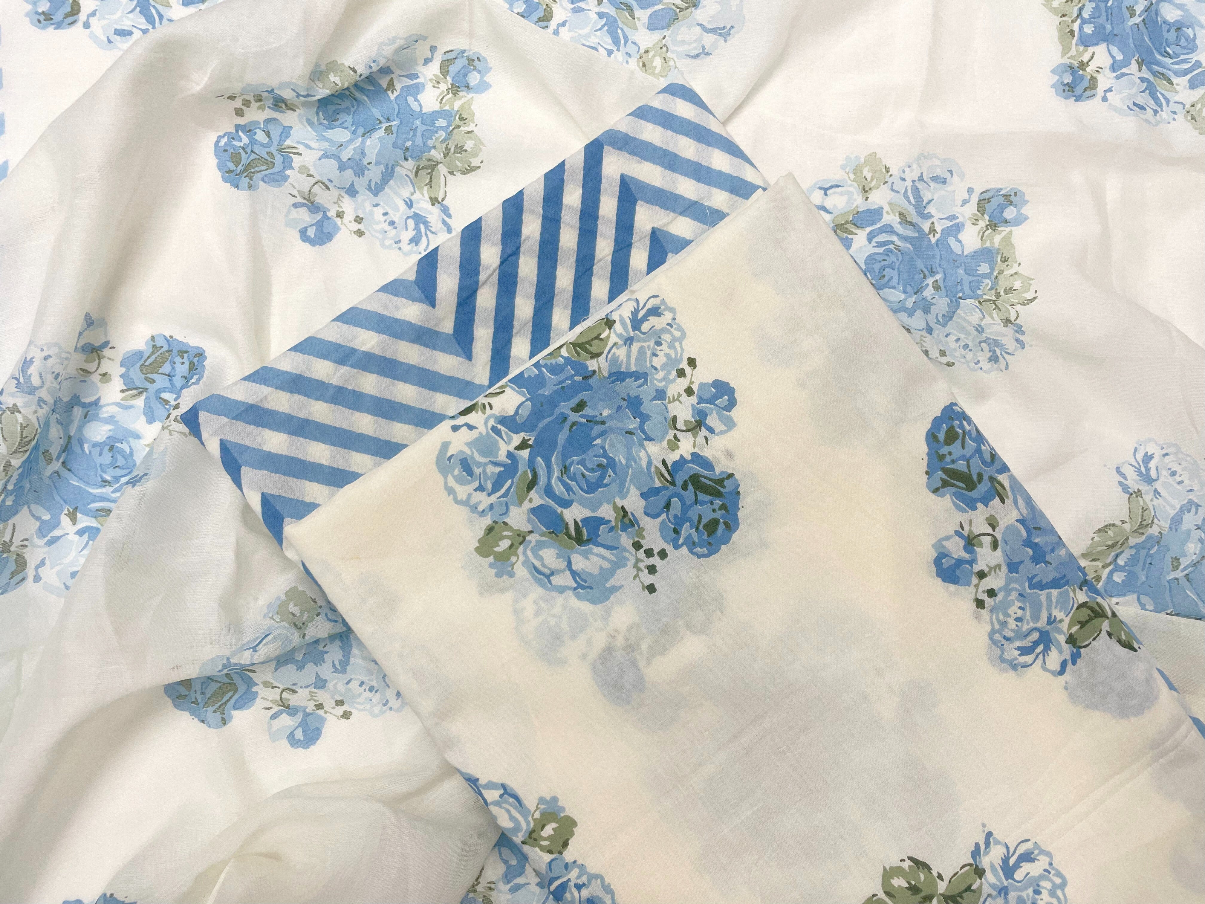 Off-White & Blue Floral Pure Cotton Suit Set With Dupatta (Unstitched)