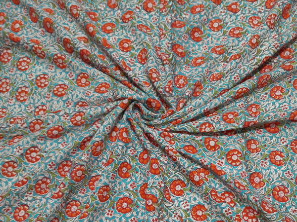 Blue And Red Floral Cotton Kalamkari Fabric