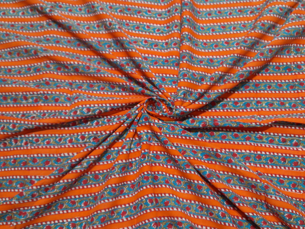 Red Blue Stripes Cotton Cambric Kalamkari Fabric