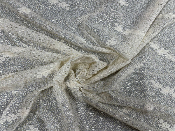 Precut 1 Metre White Abstract Dyeable Embroidered Georgette Fabric