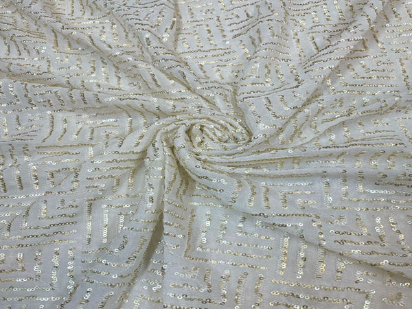 White & Light Golden Abstract Dyeable Embroidered Chiffon Fabric