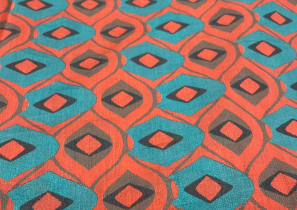 Peach Turquoise Geometric Printed Pure Cotton Silk Fabric