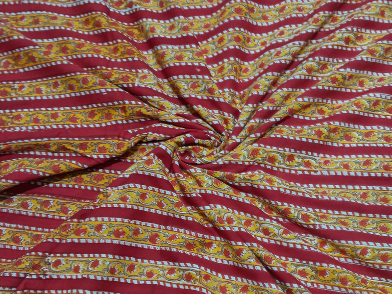 Maroon & Mustard Stripes Cotton Cambric Kalamkari Fabric