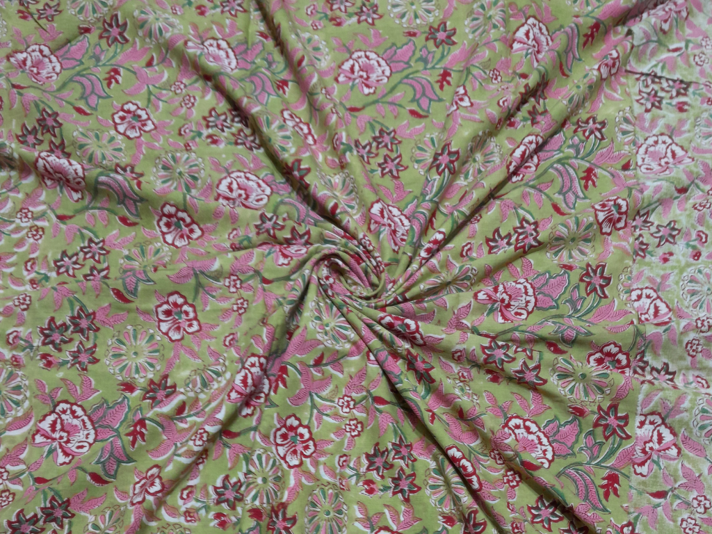 Green Pink Floral Cotton Cambric Kalamkari Fabric