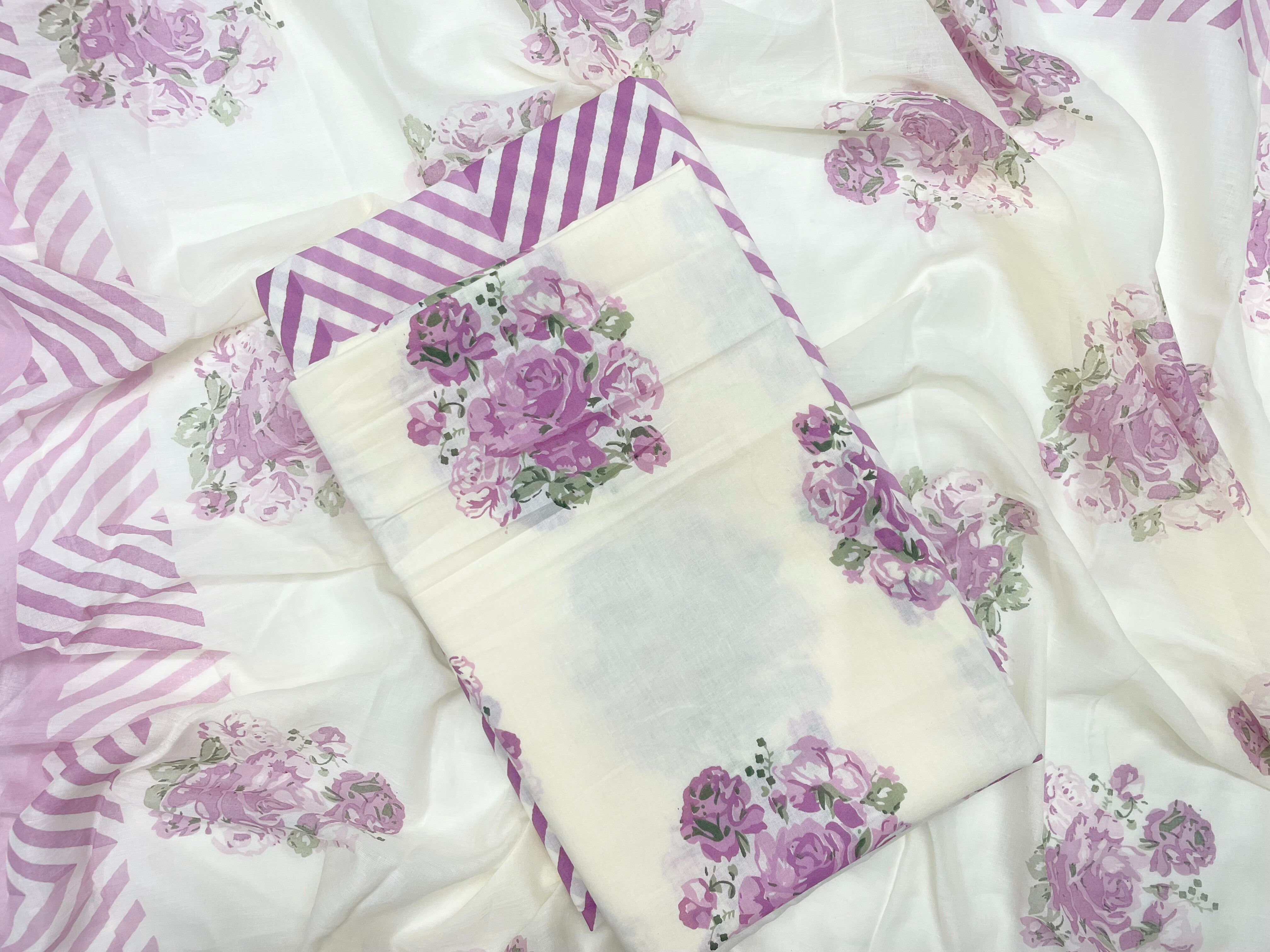 Off-White & Purple Floral Pure Cotton Suit Set With Dupatta (Unstitched)