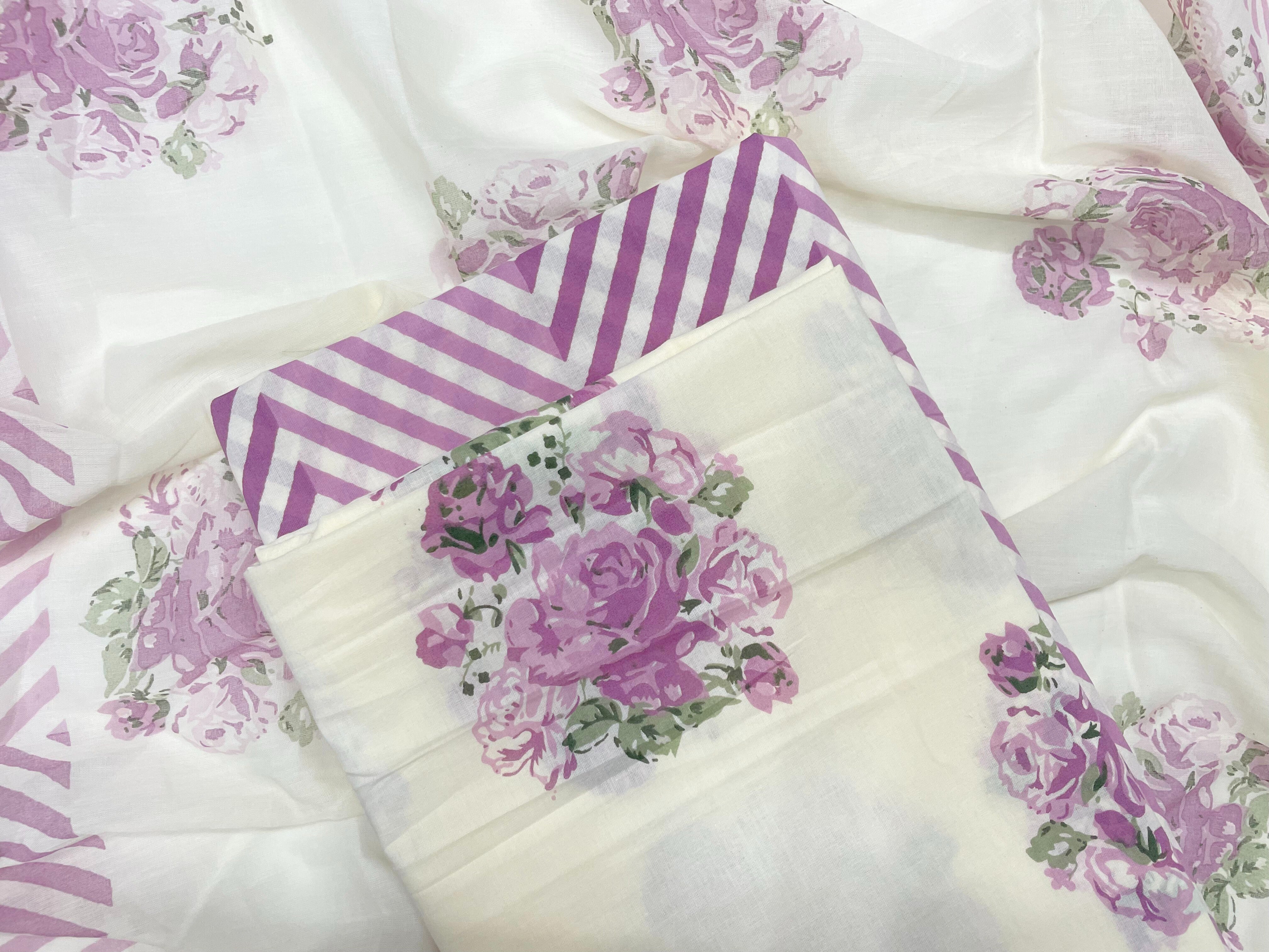 Off-White & Purple Floral Pure Cotton Suit Set With Dupatta (Unstitched)