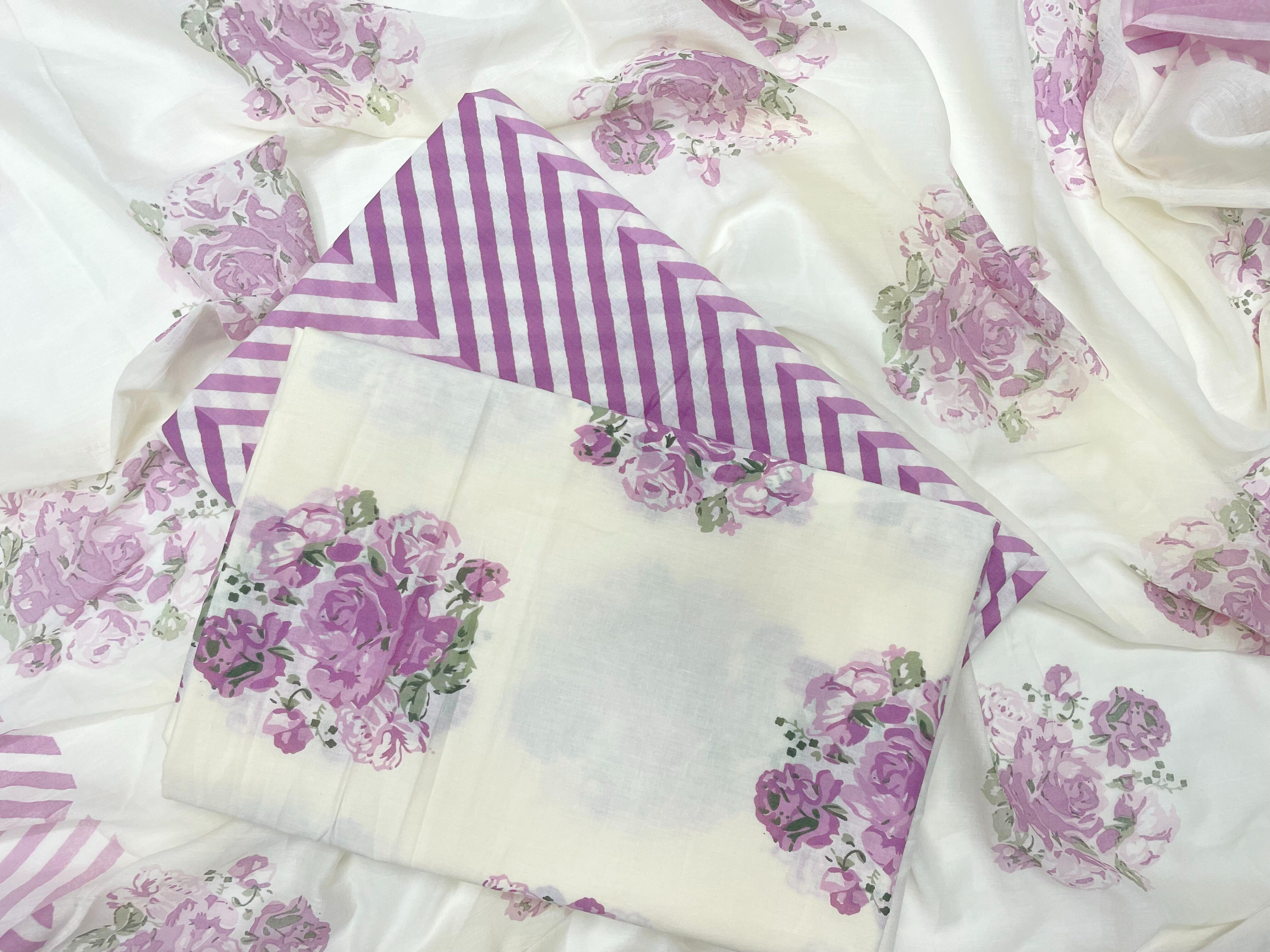 Off-White & Purple Floral Pure Cotton Suit Set With Dupatta (Unstitched)