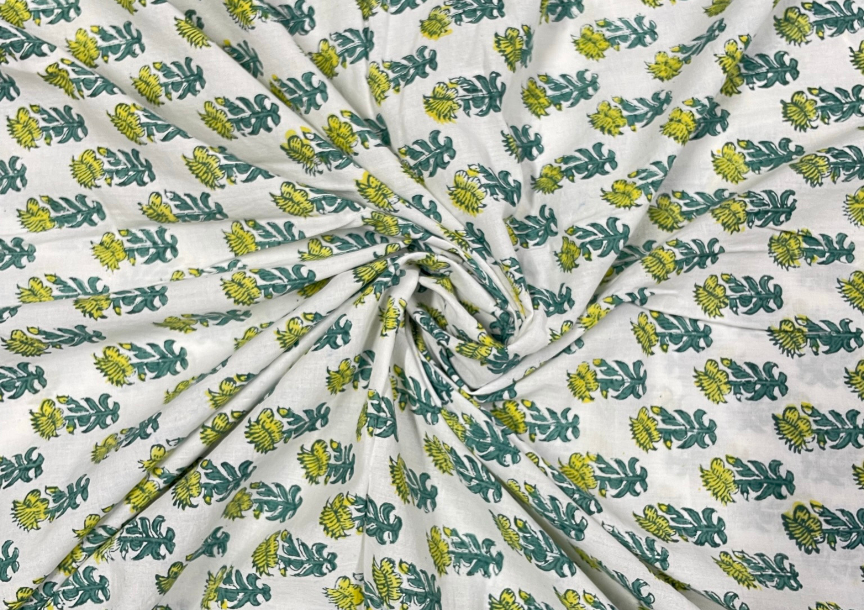 White And Green Floral Printed Cotton Cambric Fabric