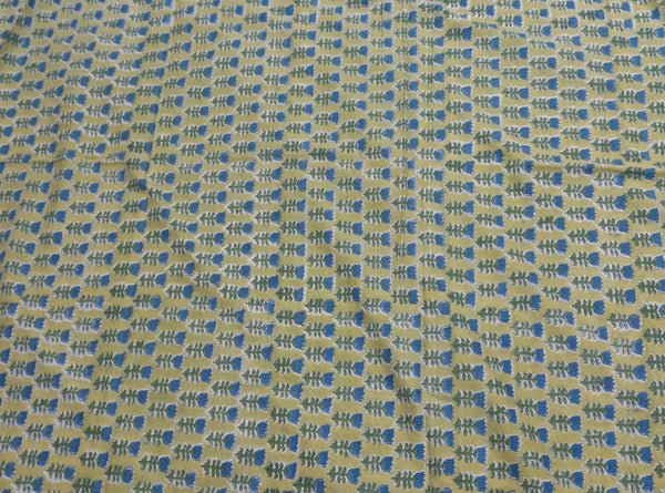 Dull Yellow & Blue Floral Cotton Kalamkari Fabric