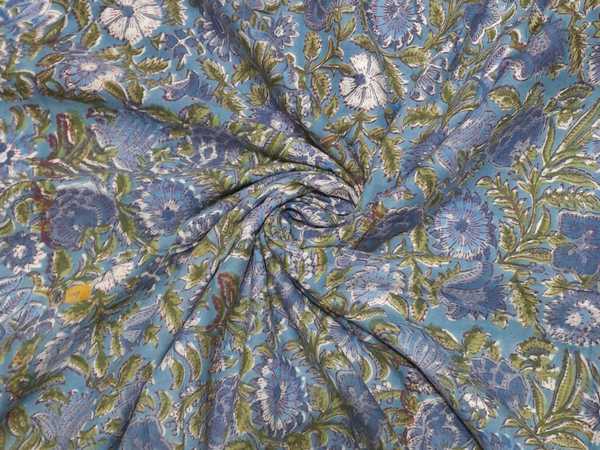 Blue Floral Cotton Kalamkari Fabric