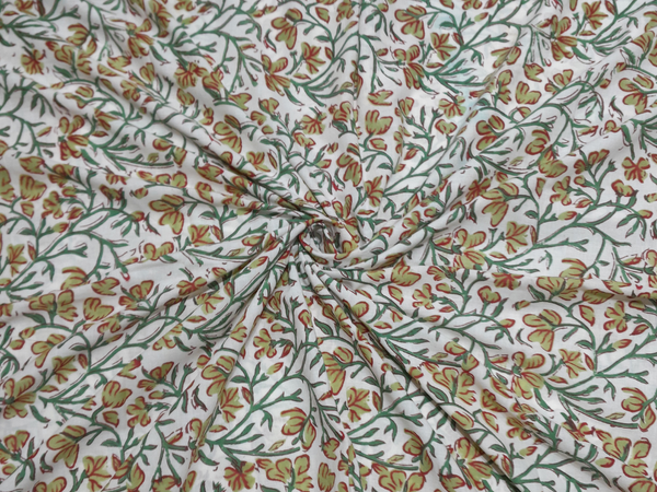White & Green Floral Cotton Cambric Kalamkari Fabric