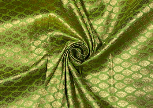 Parrot Green & Golden Motifs Semi Brocade Viscose Fabric