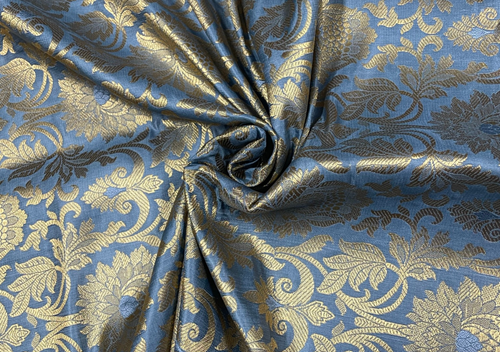 Grey & Golden Floral Semi Brocade Viscose Fabric