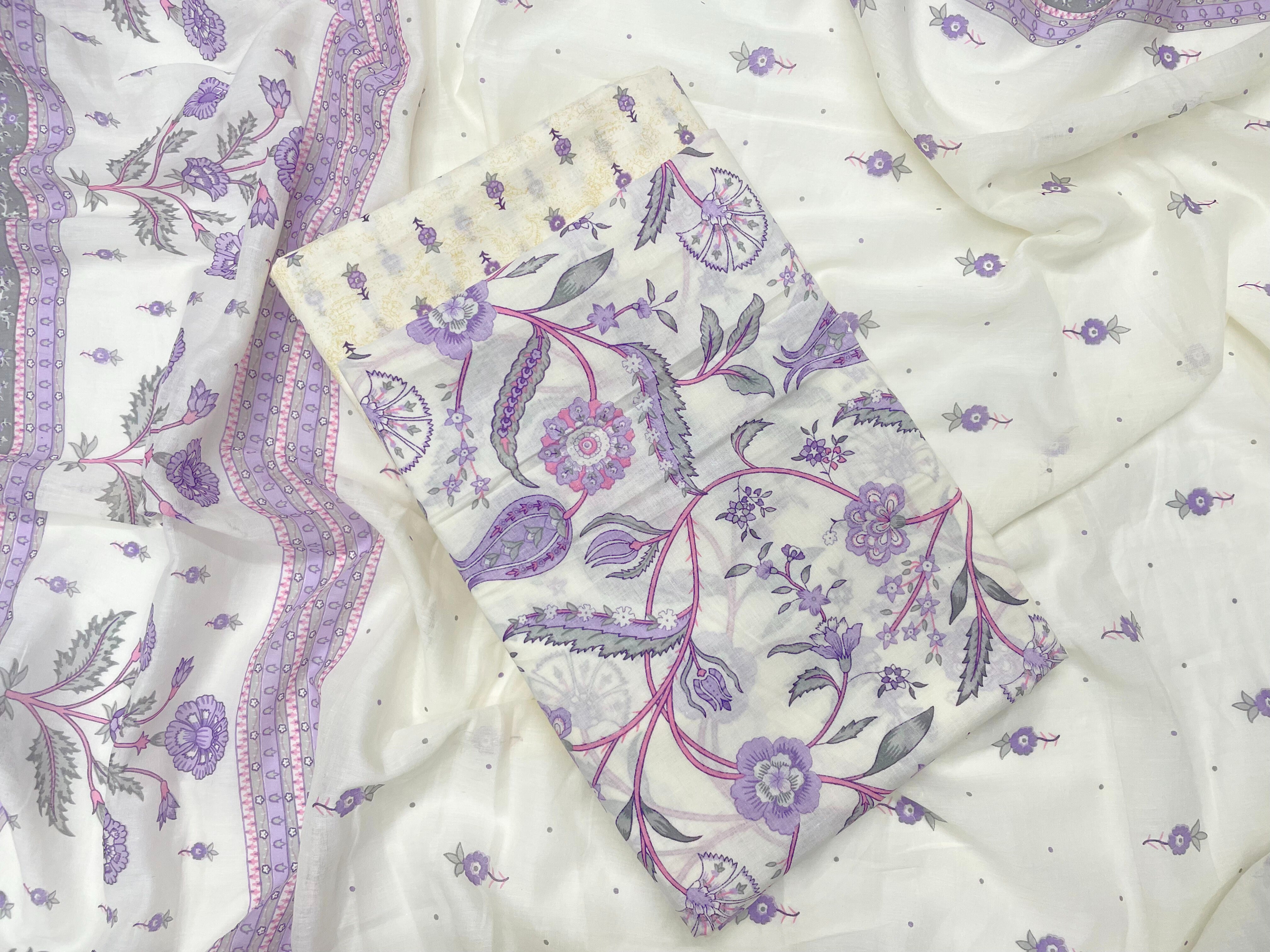 Off-White & Purple Floral Pure Cotton Suit Set With Dupatta (Unstitched)