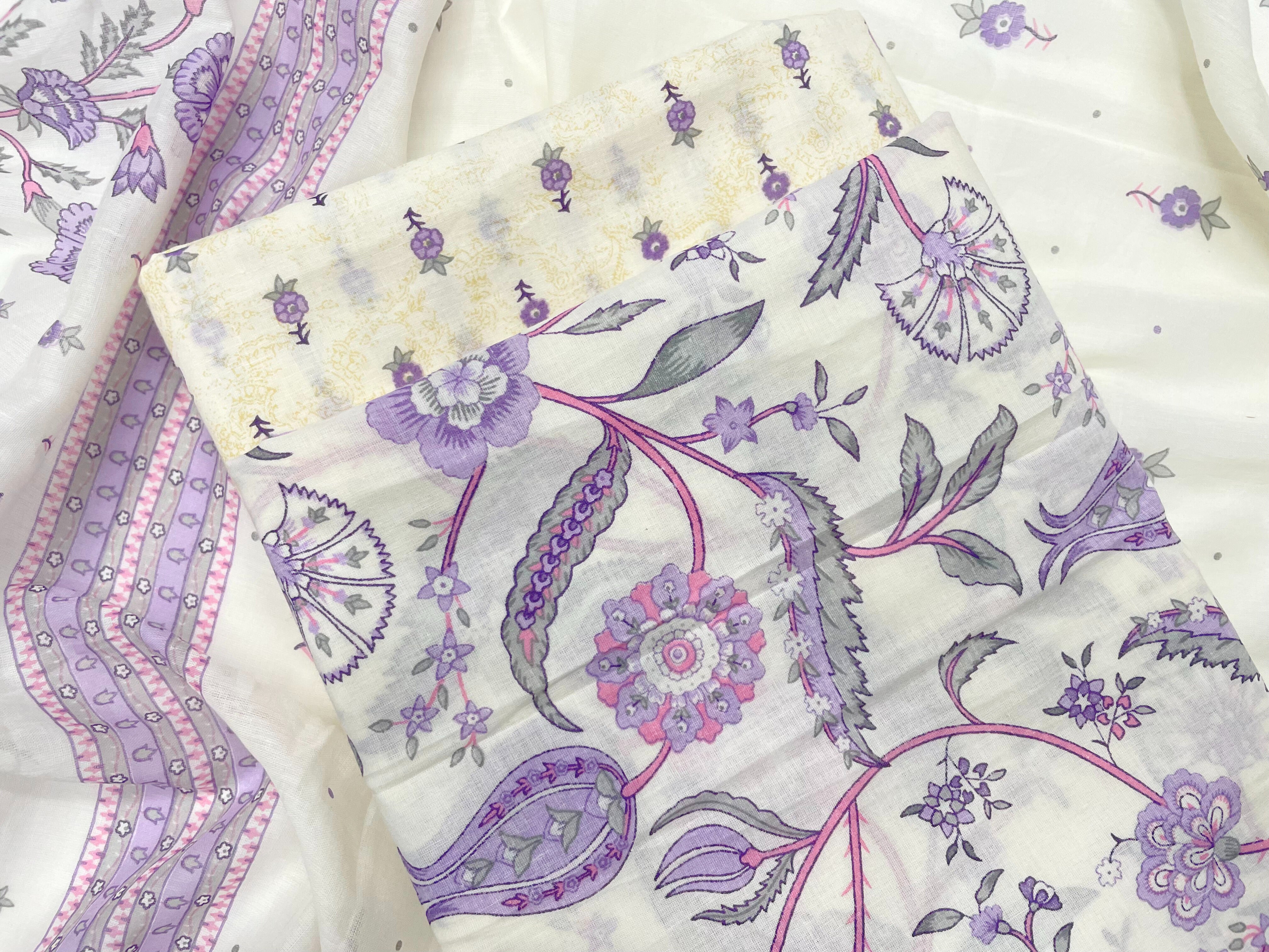 Off-White & Purple Floral Pure Cotton Suit Set With Dupatta (Unstitched)