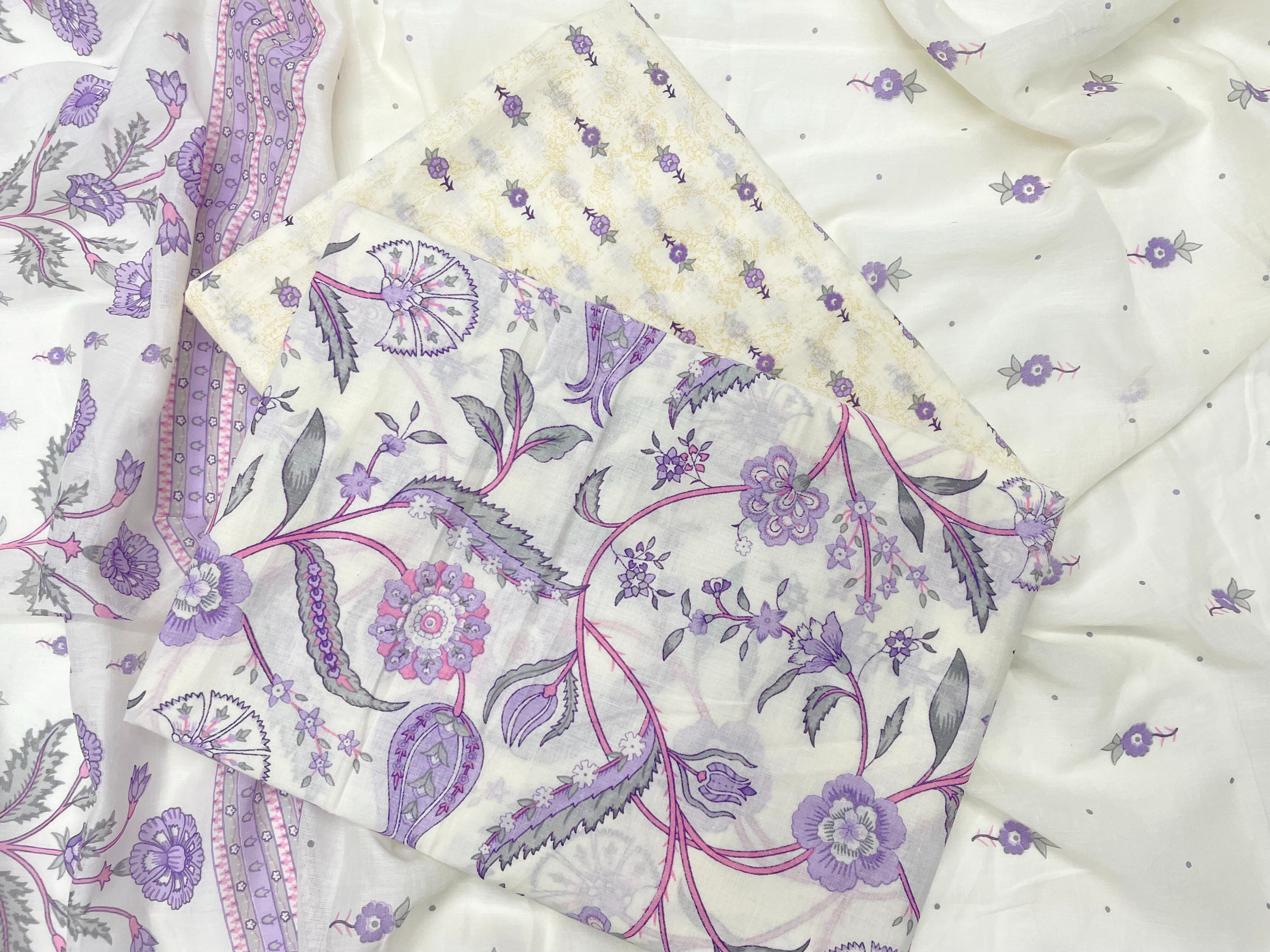 Off-White & Purple Floral Pure Cotton Suit Set With Dupatta (Unstitched)