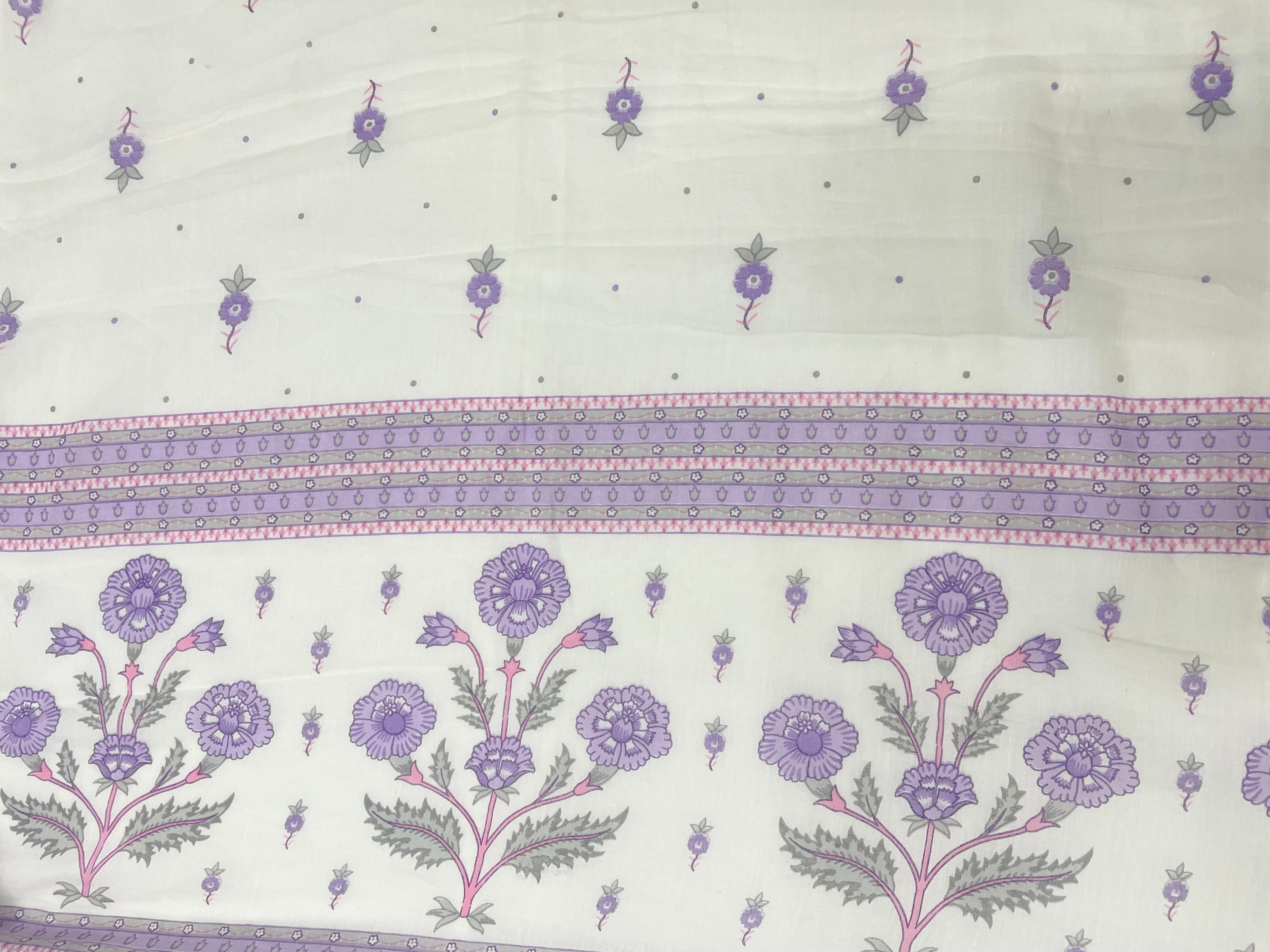 Off-White & Purple Floral Pure Cotton Suit Set With Dupatta (Unstitched)