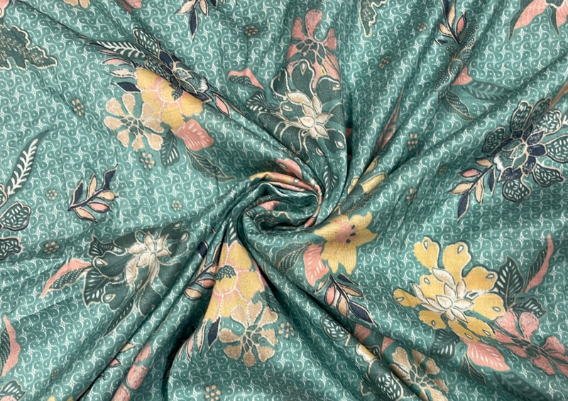 Sea Green Floral Printed Pure Chanderi Fabric