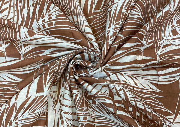 Brown & White Floral Printed Cotton Cambric Fabric