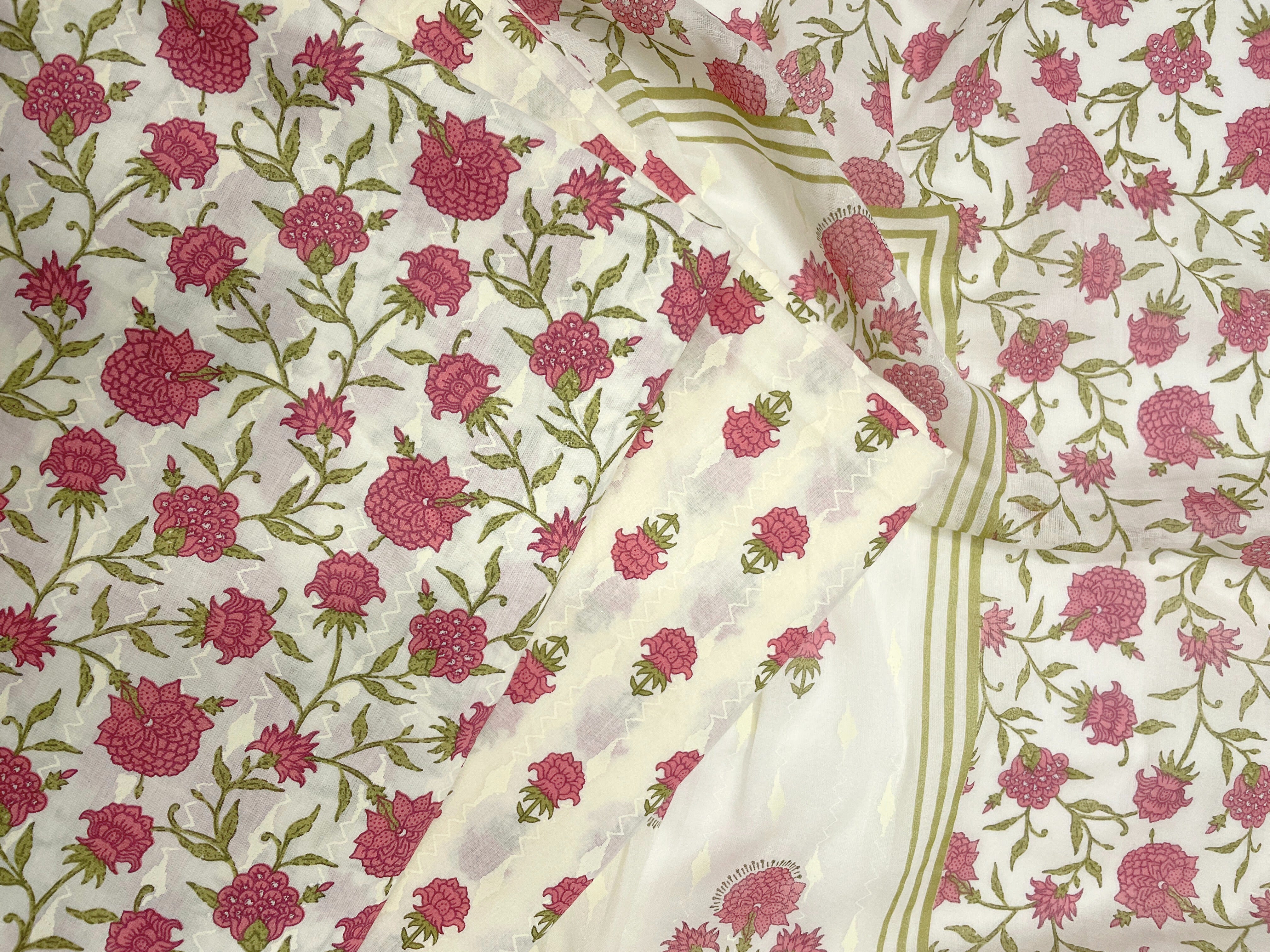 Off-White & Pink Floral Pure Cotton Suit Set With Dupatta (Unstitched)