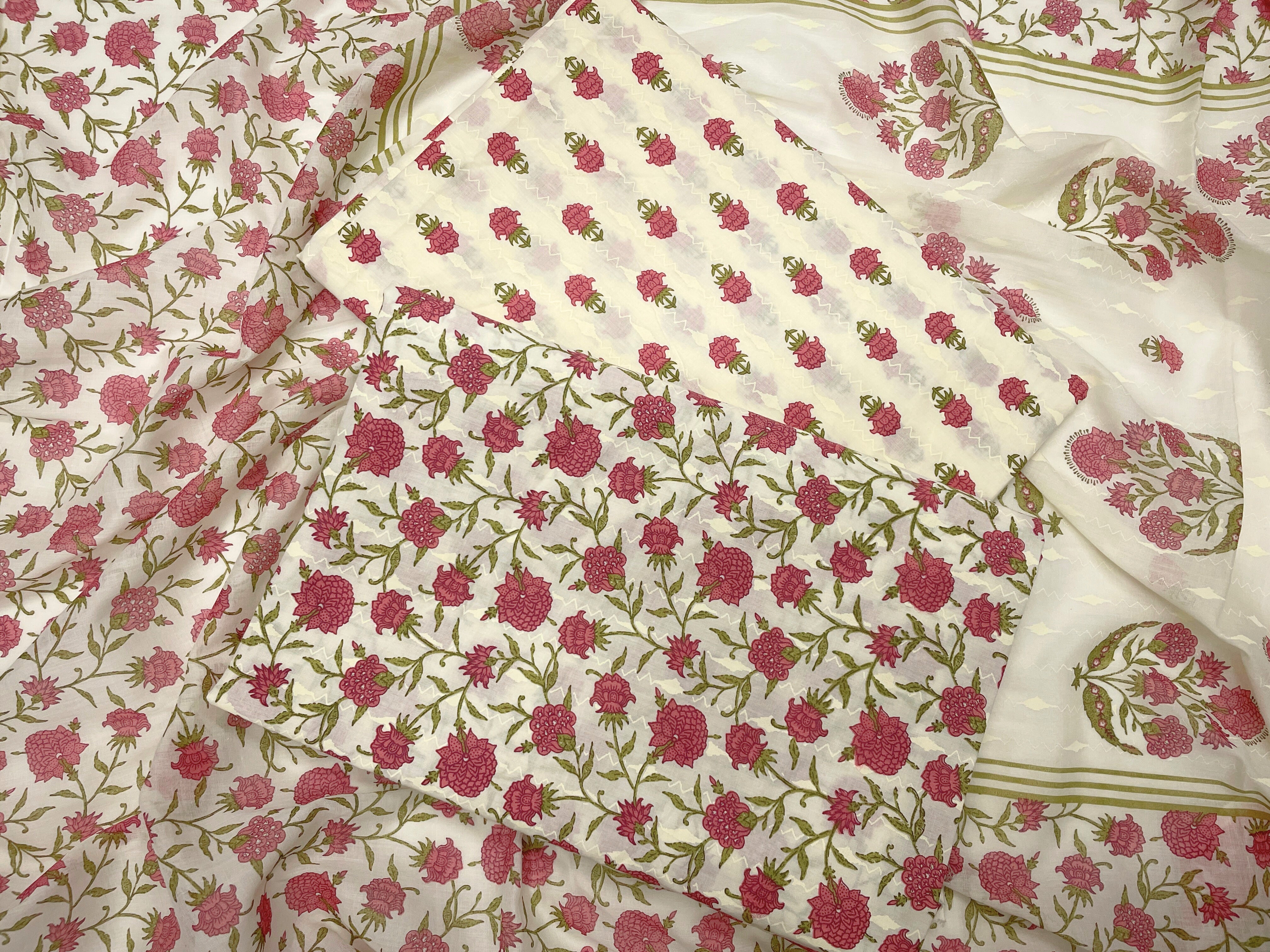 Off-White & Pink Floral Pure Cotton Suit Set With Dupatta (Unstitched)