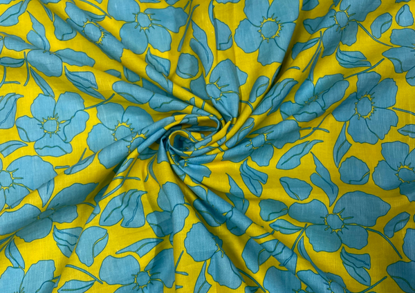 Yellow & Blue Floral Printed Cotton Linen Fabric