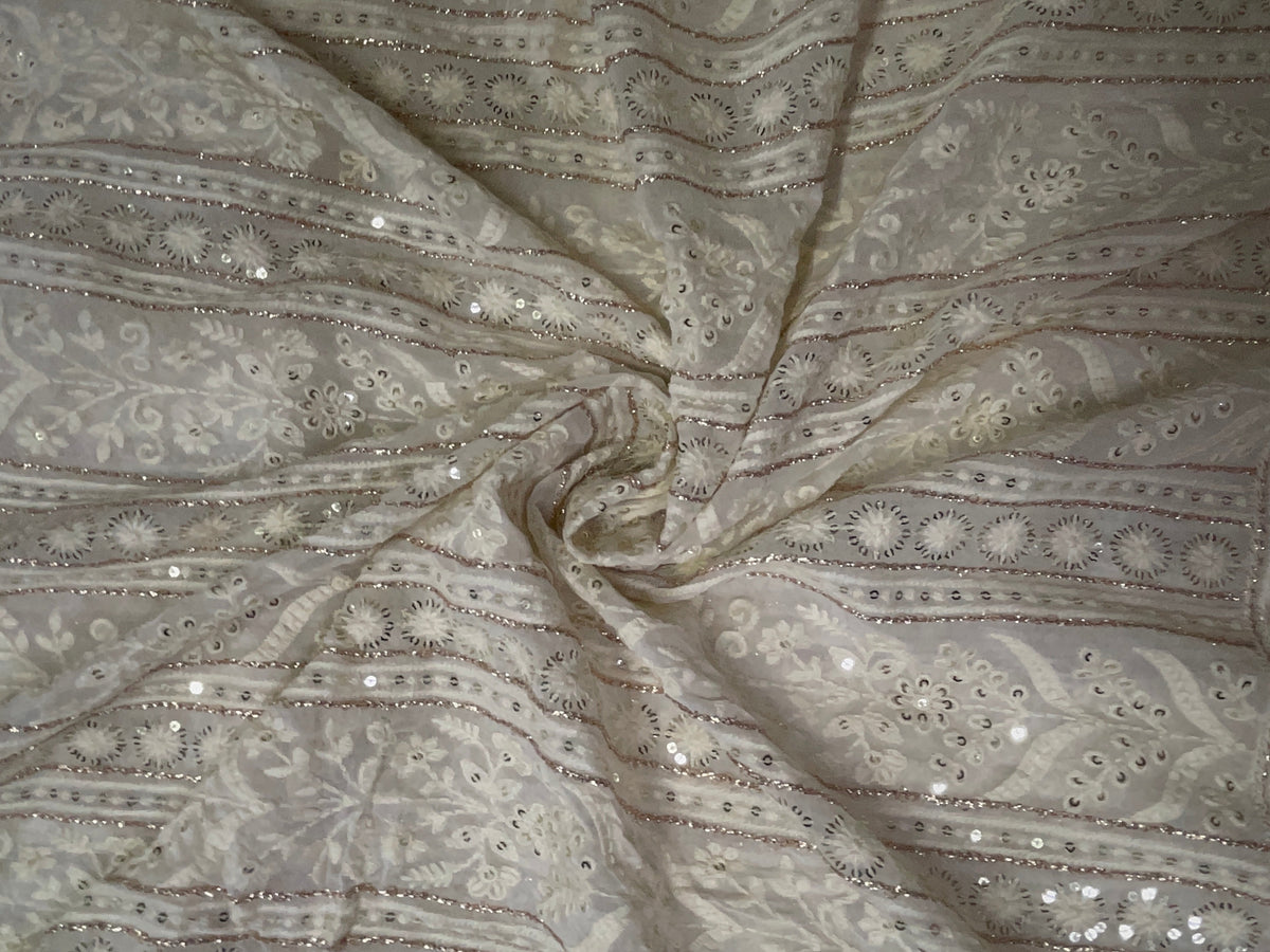 White Dyeable Lucknavi Embroiderd Georgette Fabric KTEX