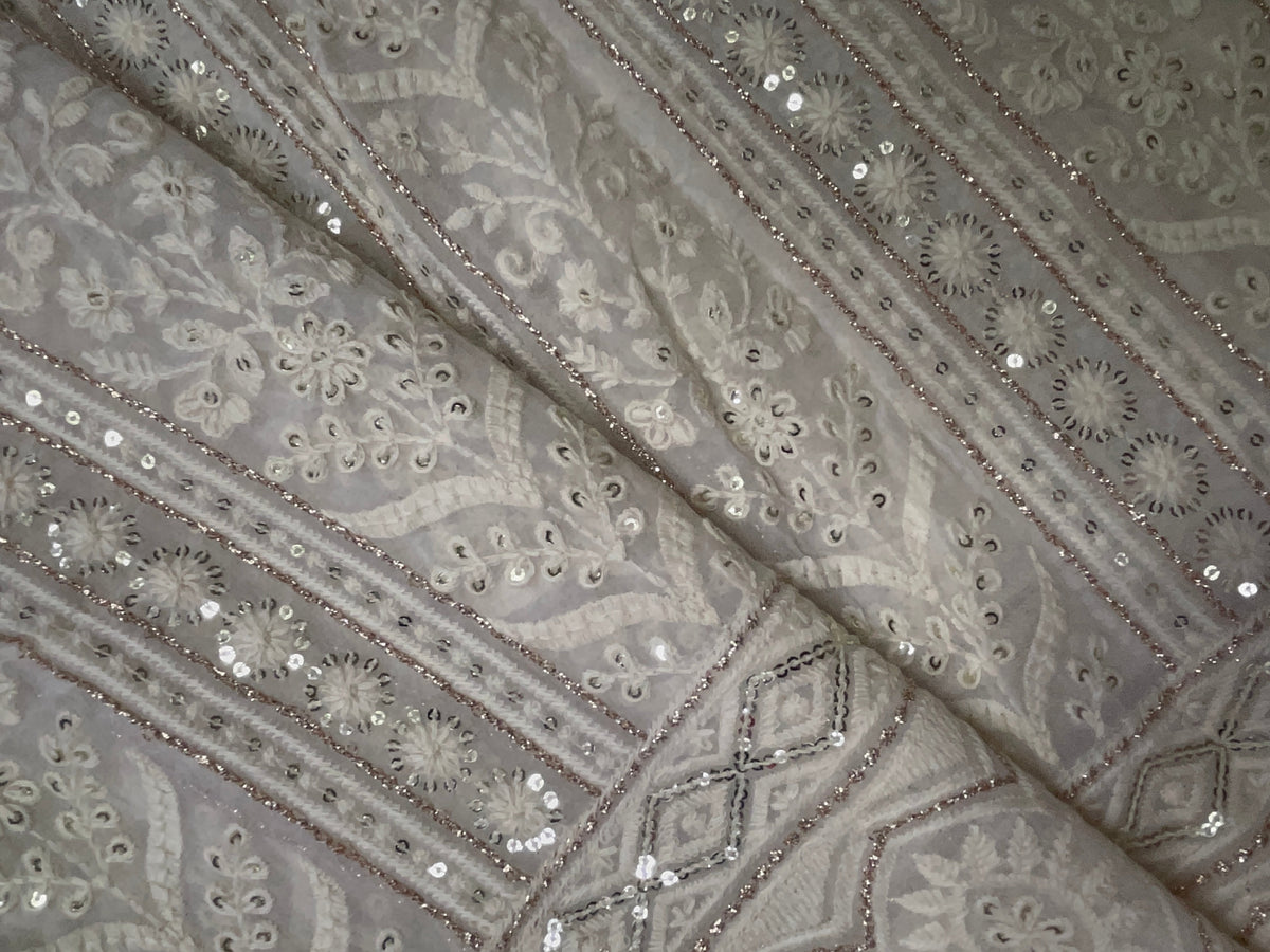 White Dyeable Lucknavi Embroiderd Georgette Fabric KTEX
