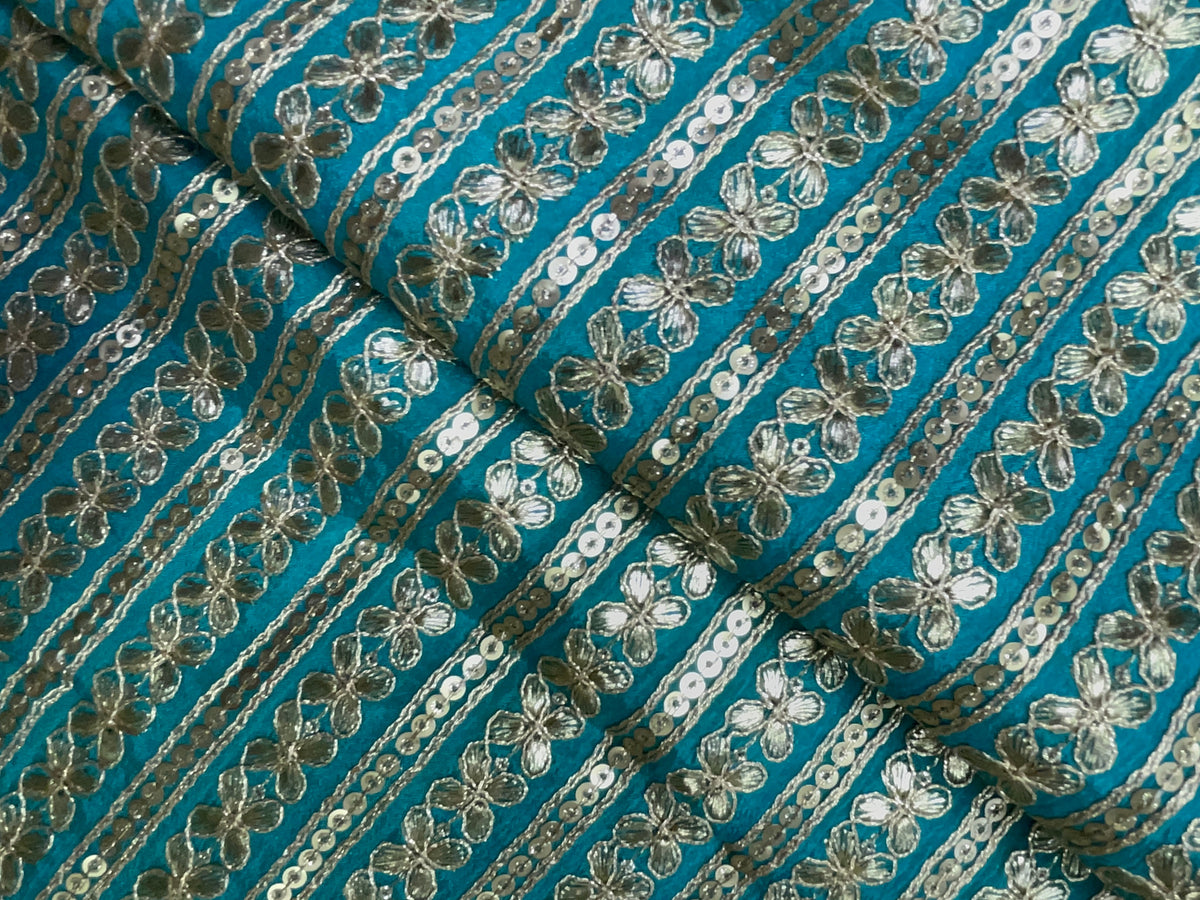 Sea Blue Designer Embroiderd Chinon Chiffon Fabric KTEX