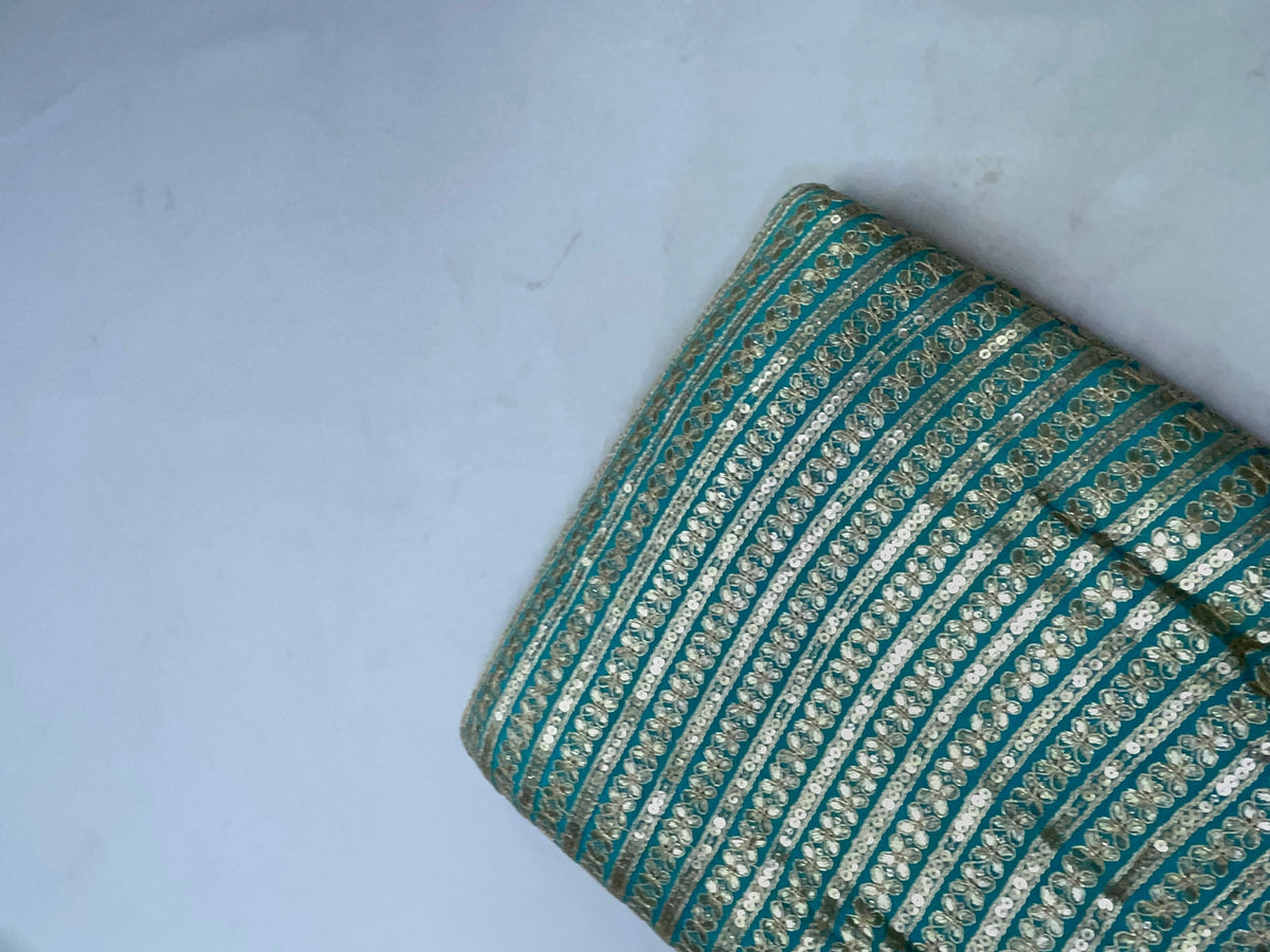 Sea Blue Designer Embroiderd Chinon Chiffon Fabric KTEX