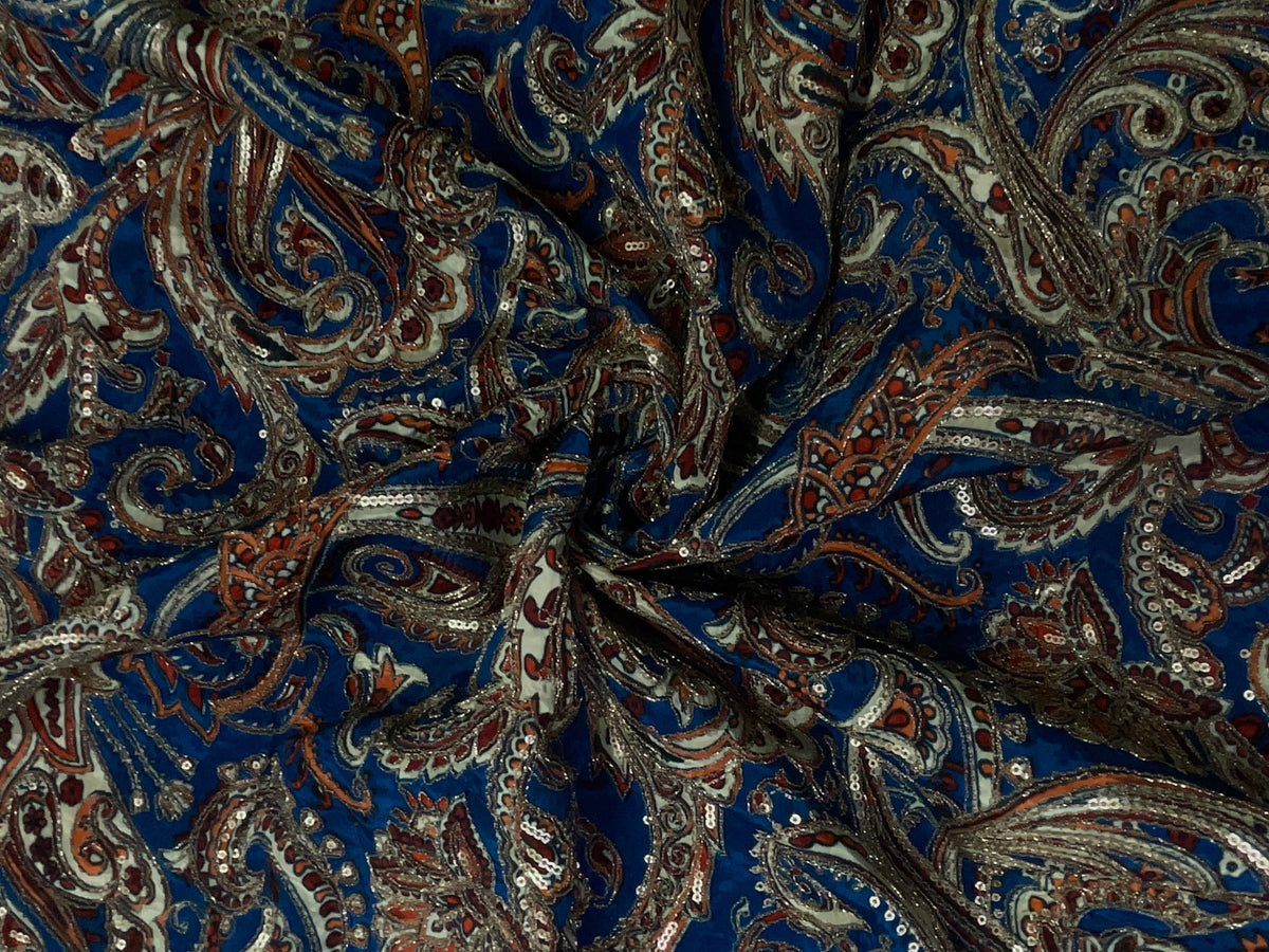 Blue Paisley Embroiderd Crepe Fabric KTEX