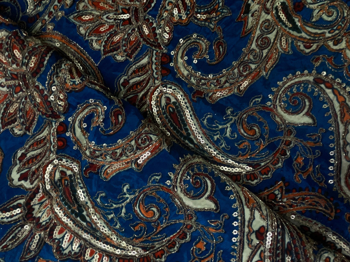 Blue Paisley Embroiderd Crepe Fabric KTEX