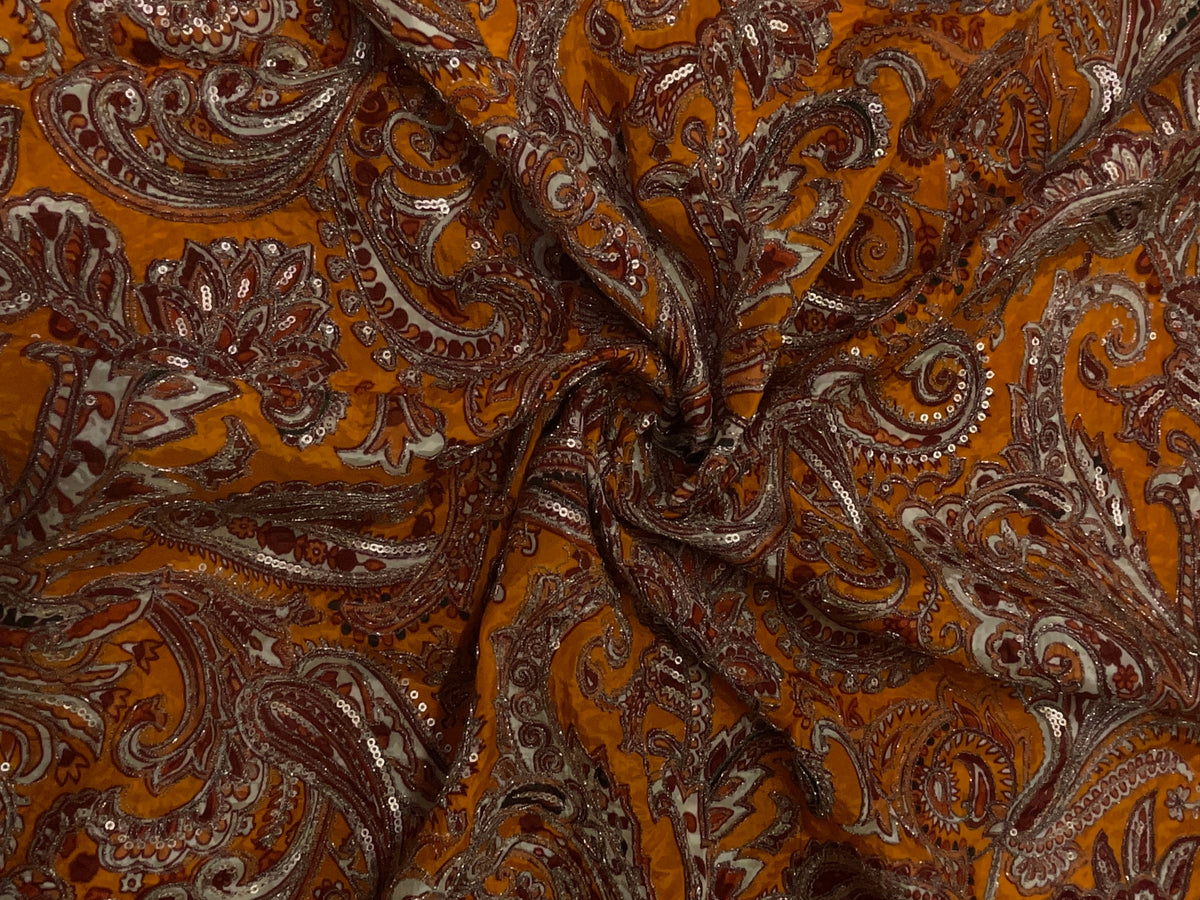 Orange Paisley Embroiderd Crepe Fabric KTEX