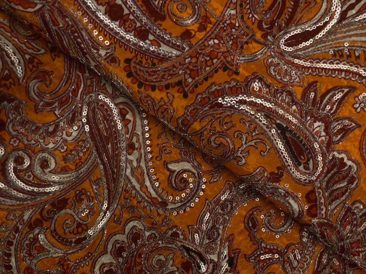 Orange Paisley Embroiderd Crepe Fabric KTEX