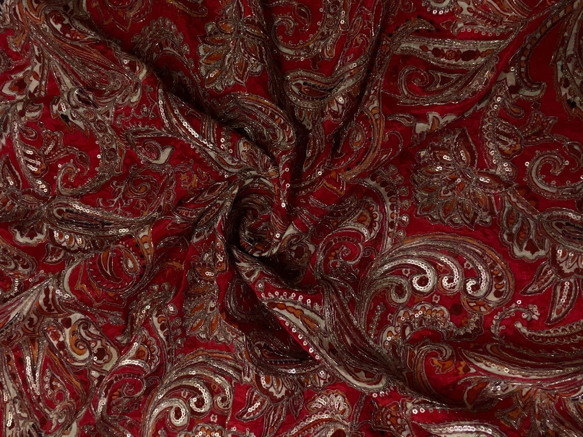 Red Paisley Embroiderd Crepe Fabric KTEX