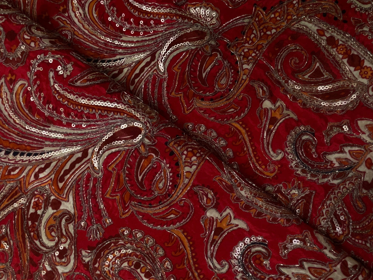 Red Paisley Embroiderd Crepe Fabric KTEX