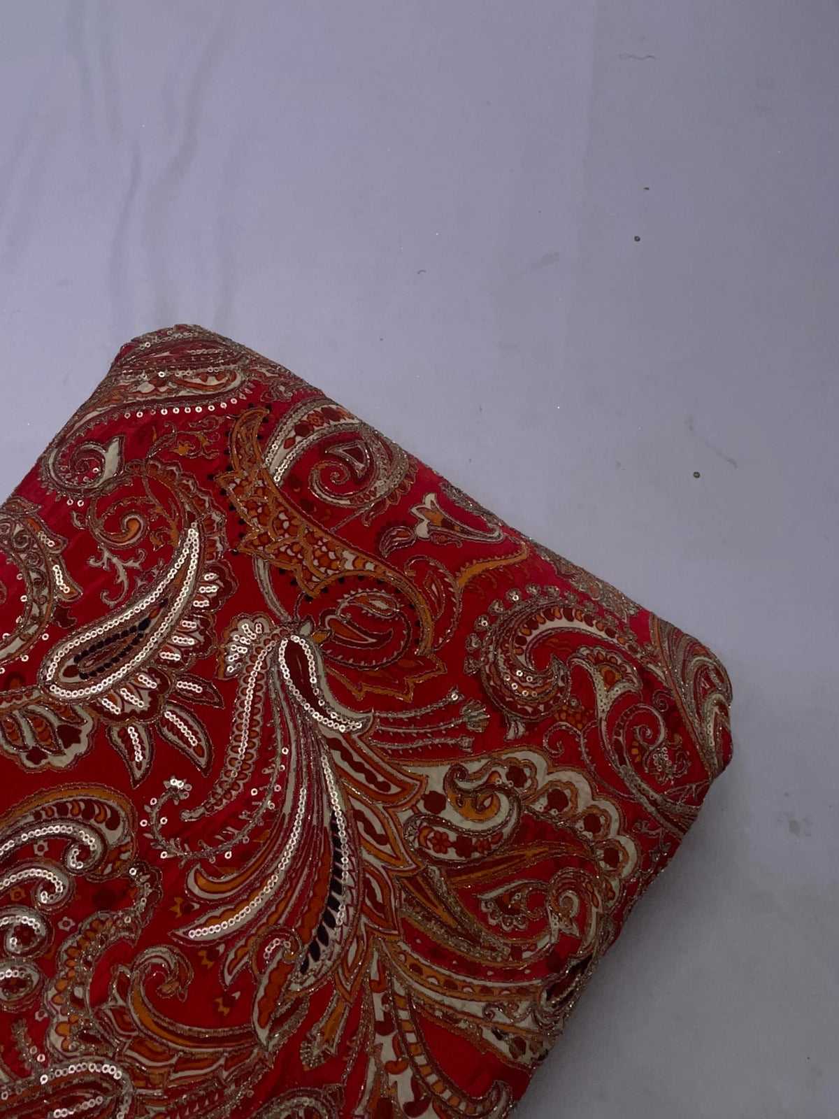 Red Paisley Embroiderd Crepe Fabric KTEX