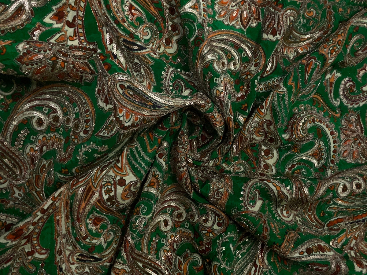 Green Paisley Embroiderd Crepe Fabric KTEX