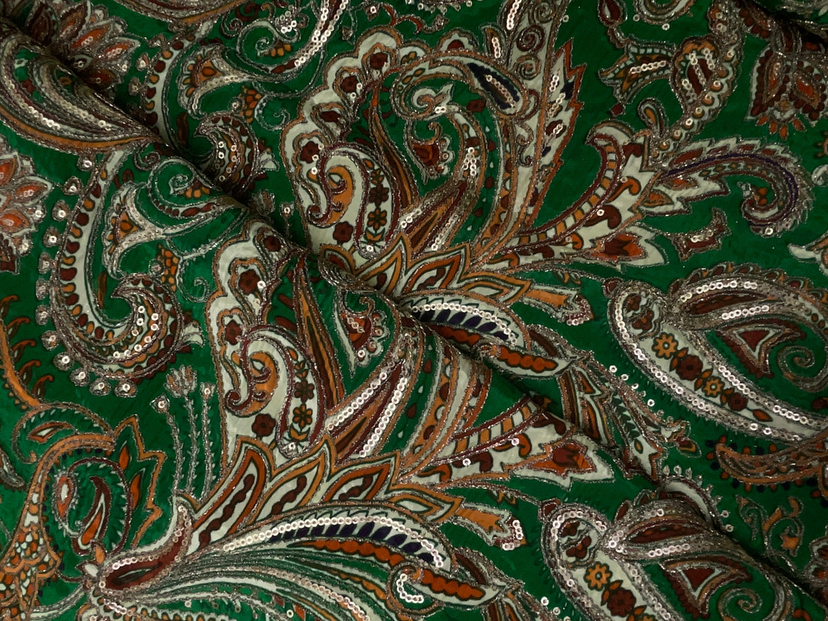 Green Paisley Embroiderd Crepe Fabric KTEX