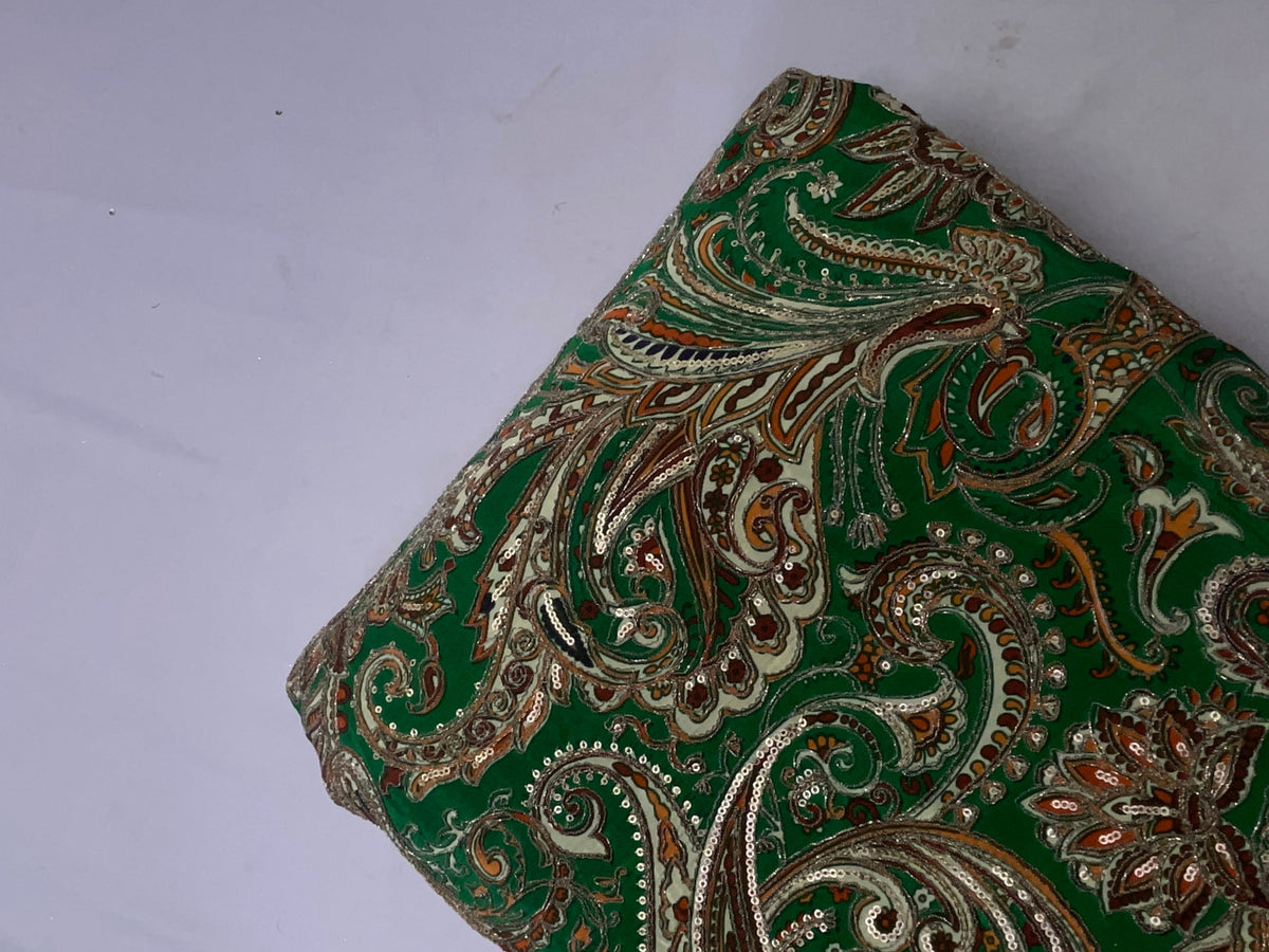 Green Paisley Embroiderd Crepe Fabric KTEX